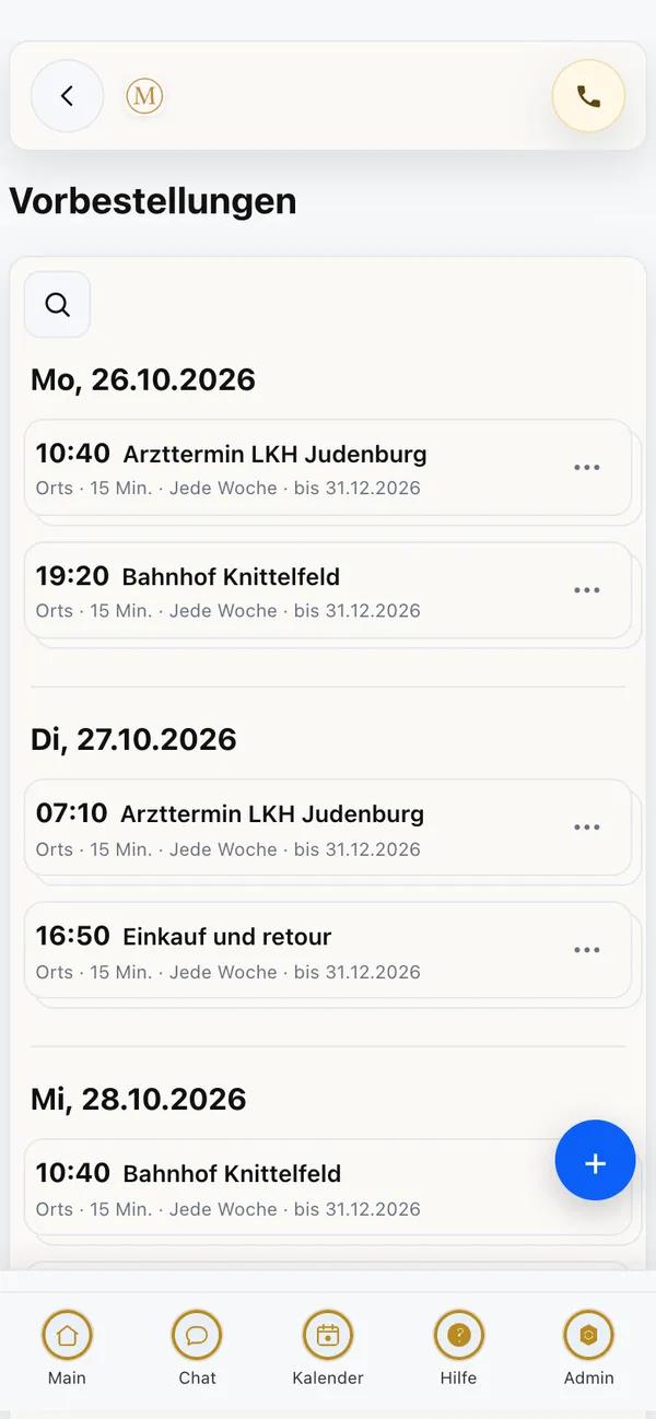 Vorbestellungen in der Taxi-App am Smartphone (Beispieldaten)