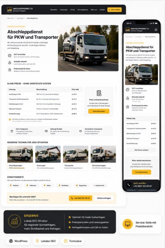 Projektansicht 3: WordPress-Website für lokalen Abschleppdienst mit klarer Struktur
