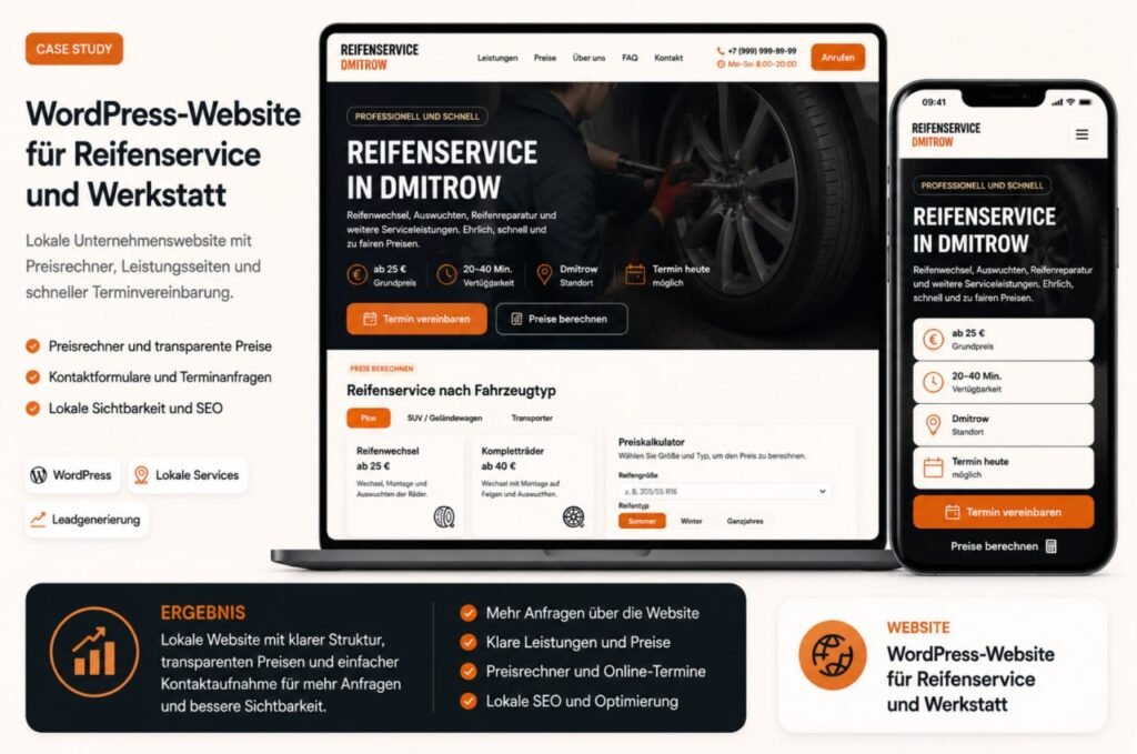 WordPress-Website für lokalen Reifenmontageservice mit Kostenrechner